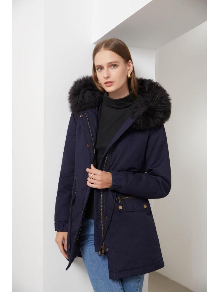 Warm Fluffy Winter Jacket Medium Long Hooded Collar Parker Coat Cotton Zipper Coat