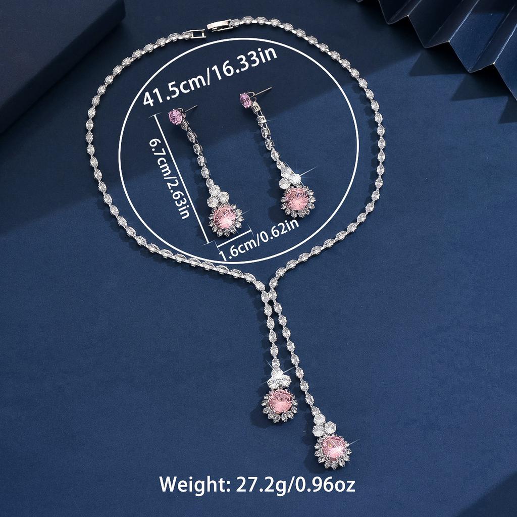 3PC Women's Fashion Zircon Series Pink Flower Necklace Earrings Zircon Set Suitable for Wedding, Party, Festival Gifts-8582