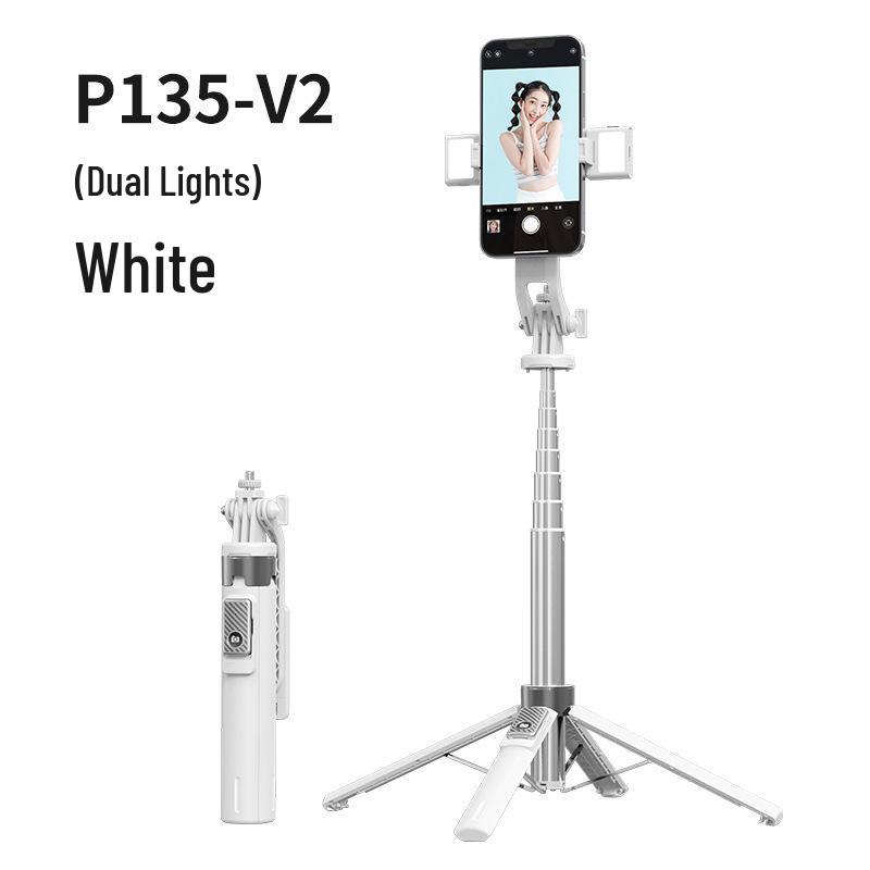 Perche à selfie Bluetooth P135: Alliage d'aluminium, Ouverture à un bouton, Caméra de téléphone, Diffusion en direct, Lumière de remplissage pour photographie, Support à quatre pieds