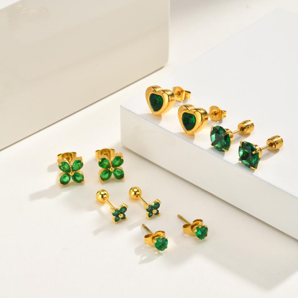 Heart Flower Emerald Green Zircon Stud Earrings Stainless Steel 18K PVD Gold Plated Tarnish Free Tiny Piercing Jewelry