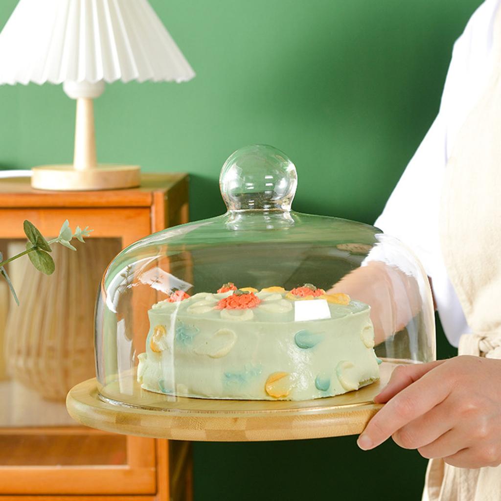 Multifunctional Wooden Glass Transparent Cake Stand With Dome Rotating Cake Stand For Weddings Party Cake Fruit Dessert Plate