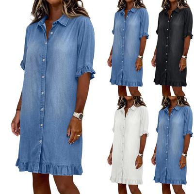 Casual Women Shirt Dress Button Down Ruffle Hem Short Sleeve Lightweight Loose Fit Summer Dress