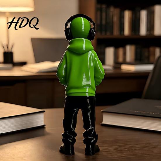 Niche Trendy Desk Toy 3D Printed Alien Figurine with Hoodie And Headphone Desktop Home Office Accent Ornament Cyber Style Statue for Gaming