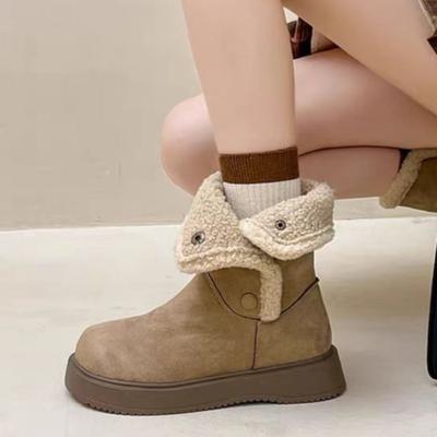 Plattform Schneestiefel Damen Neu Herbst und Winter Retro Zwei-Trage Fleece Verdickt Wollschuhe Warm Mittelschaft Baumwollschuhe