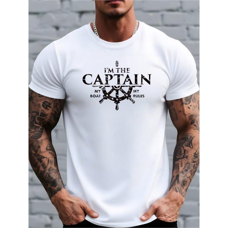 European sizes Men s I Am the Captain Nautical Style Printed T-Shirt, Helm Sailboat Themed Top, Fun Sailor Slogan Print, Breathable Crew Neck S