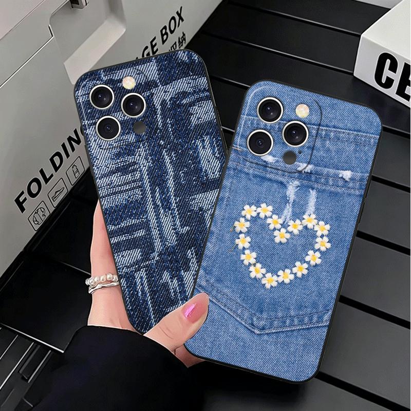 Retro Denim Pattern Soft Phone Case for iPhone 16 16E 17 Air 15 Pro Max 14 Plus 13 Mini 11 12 7 Black Cover Back Shell