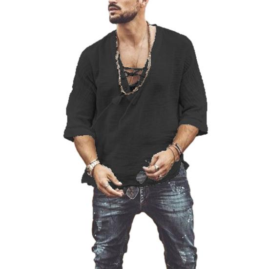 Camicia Casual da Uomo in Cotone e Lino a Manica Corta con Scollo a V e Laccio T-shirt Bohemian Vintage Top Estivo da Spiaggia