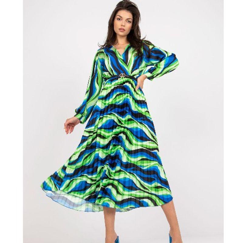 

European and American Characters Elastic Waist Pleated Long-Sleeve Dress Navy 2XL