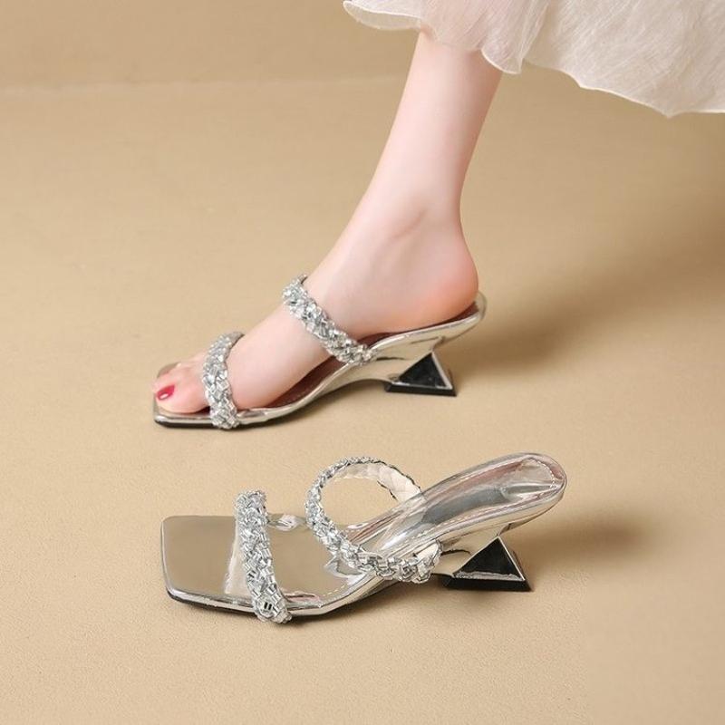 Fairy Style Square Toe Open-toe Sandals and Slippers Summer New Wear Rhinestone Straight Belt Special-shaped Wedge Slippers