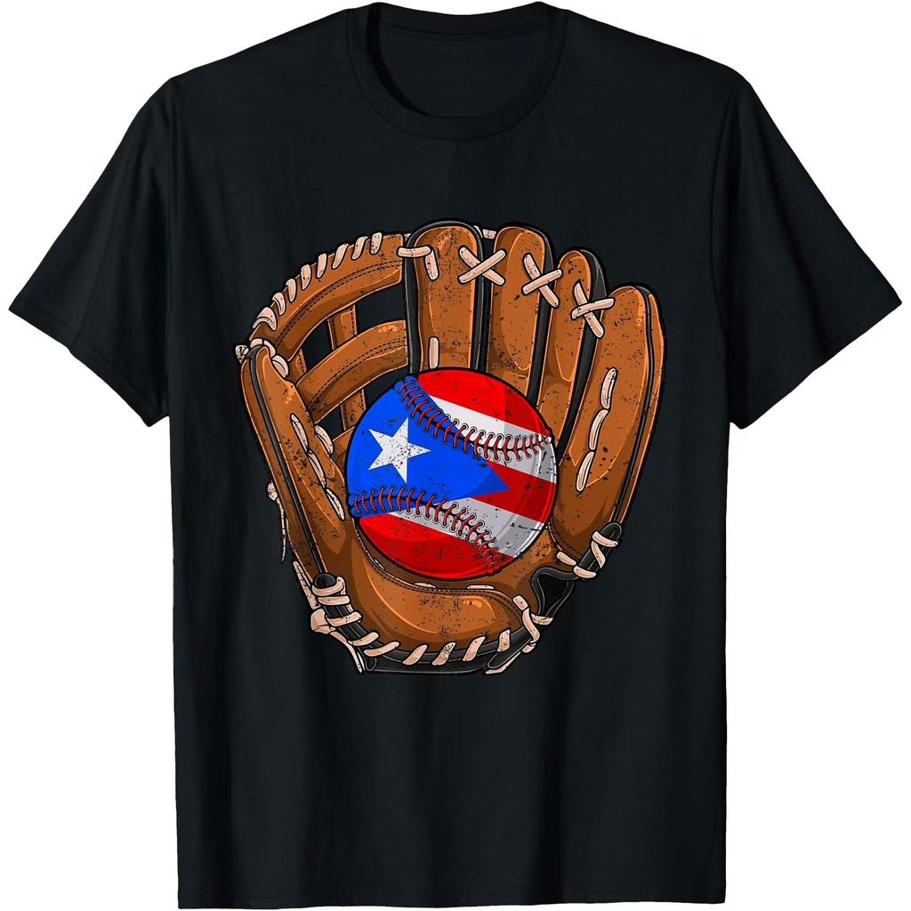 Puerto Rico Flag Baseball Softball Glove Graphic Tee Men's Casual Sport Player T-Shirt