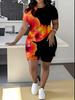 Leopard Print Splicing Women's Casual Suit Short-sleeved Shorts 1D Digital Flower Printing Fashion T-shirt Set