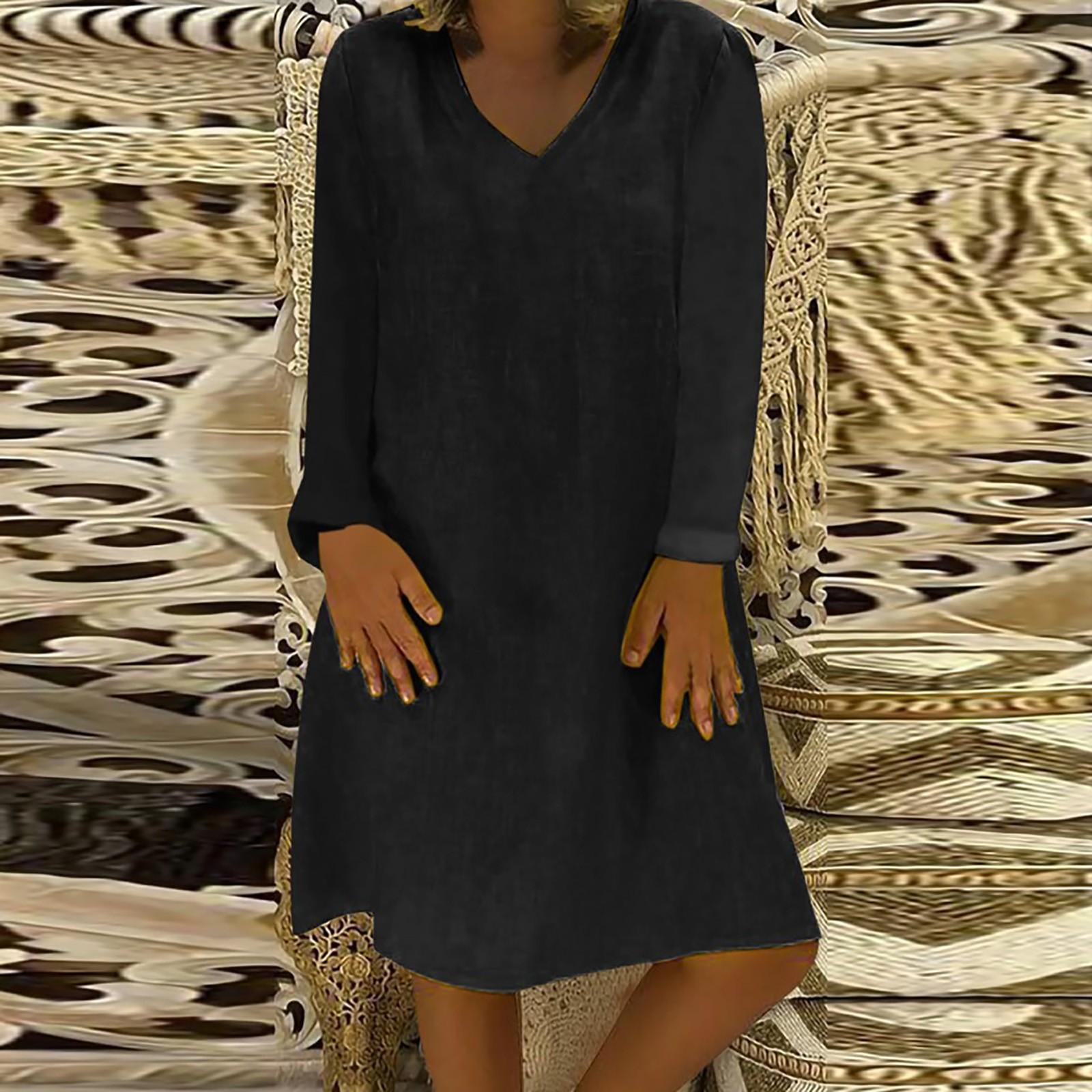 

Ladies Fashion Color V Neck Long Sleeve Cotton Linen Loose Dress XXL чёрный