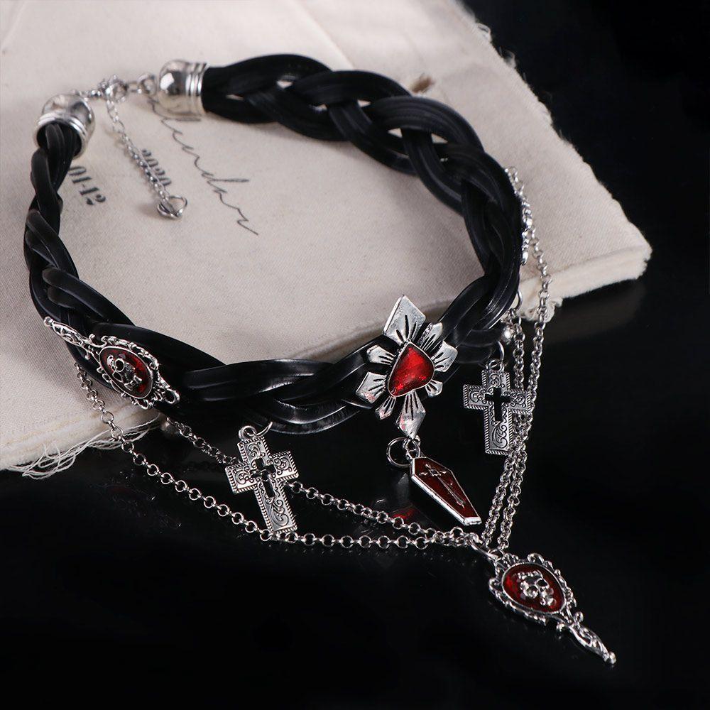 Punk Corss Halloween Skull Choker Skeleton Red Y2K Leather Necklace Gothic Imitation Pearl Tassel Beaded Necklace Unisex