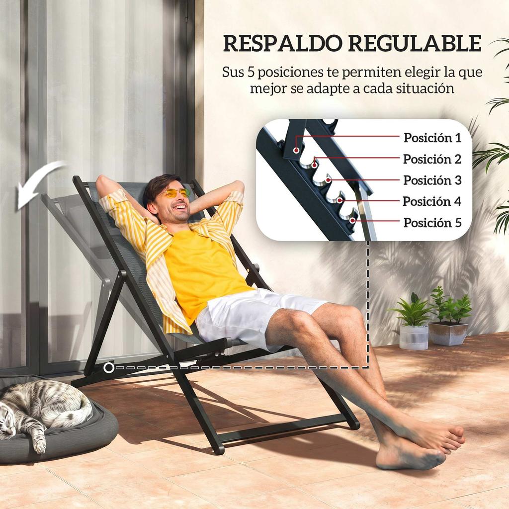 Sun Loungers, Set of 2, Folding Aluminum, 5-Position Backrest, Headrest, 60 X 100 X 85 Cm, Grey