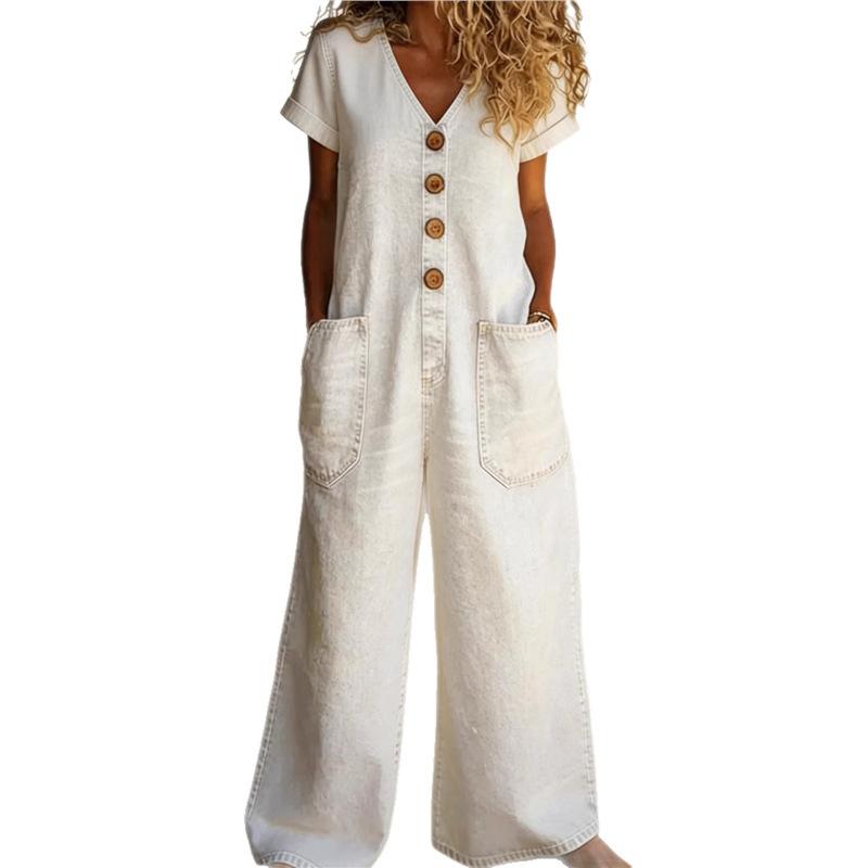 26Y2 Neue Damen Vintage Sommer Knopf Tasche Bequem Kurzarm Lässig Einteiler Weiter Bein Latzhose Kleid