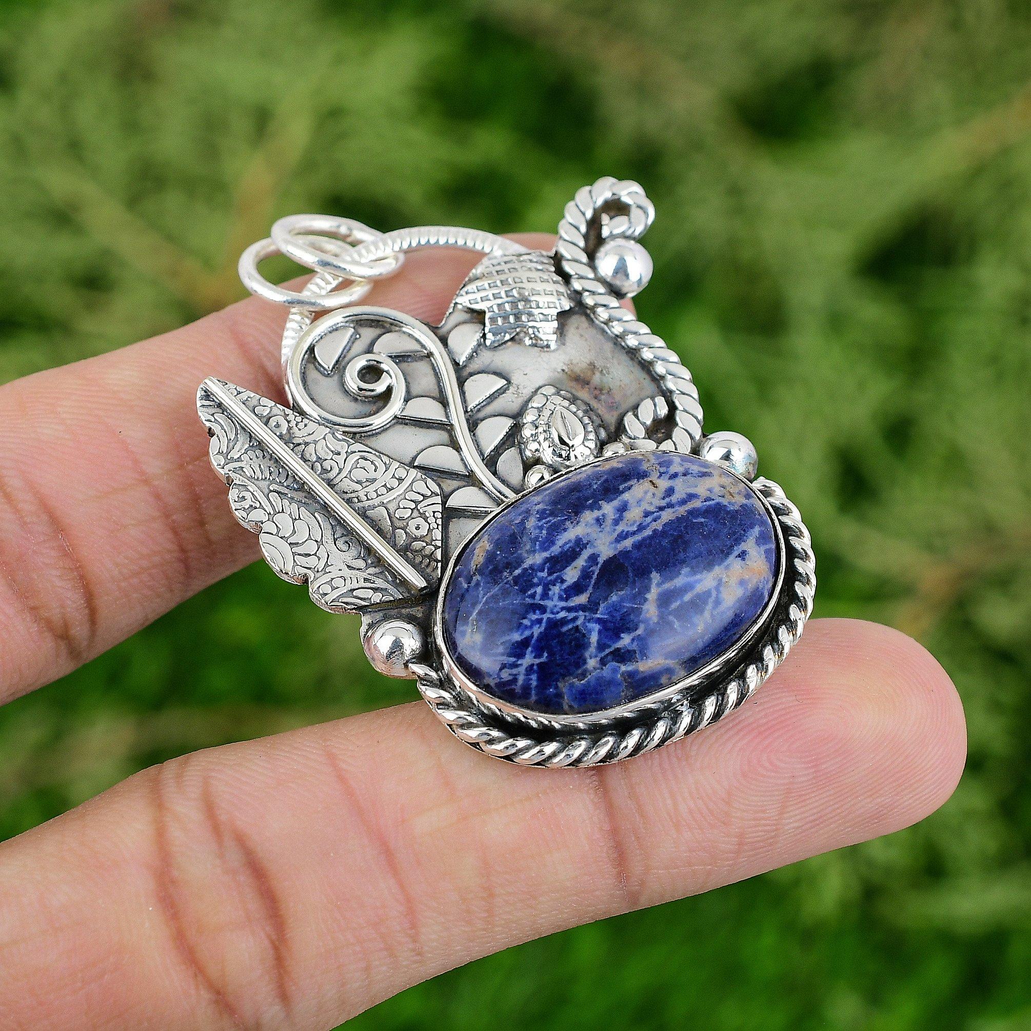 

Daughters Day Deal Natural Sodalite 925 Silver Sister Bezel Boho Pendant Jewelry