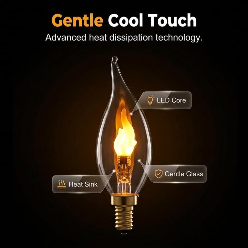 E12 Candelabra Flame Light Bulbs, Realistic Flickering LED Fire Light Bulb, Clear Glass Candle Style Flicker Bulb for Lantern, Chandelier, Halloween