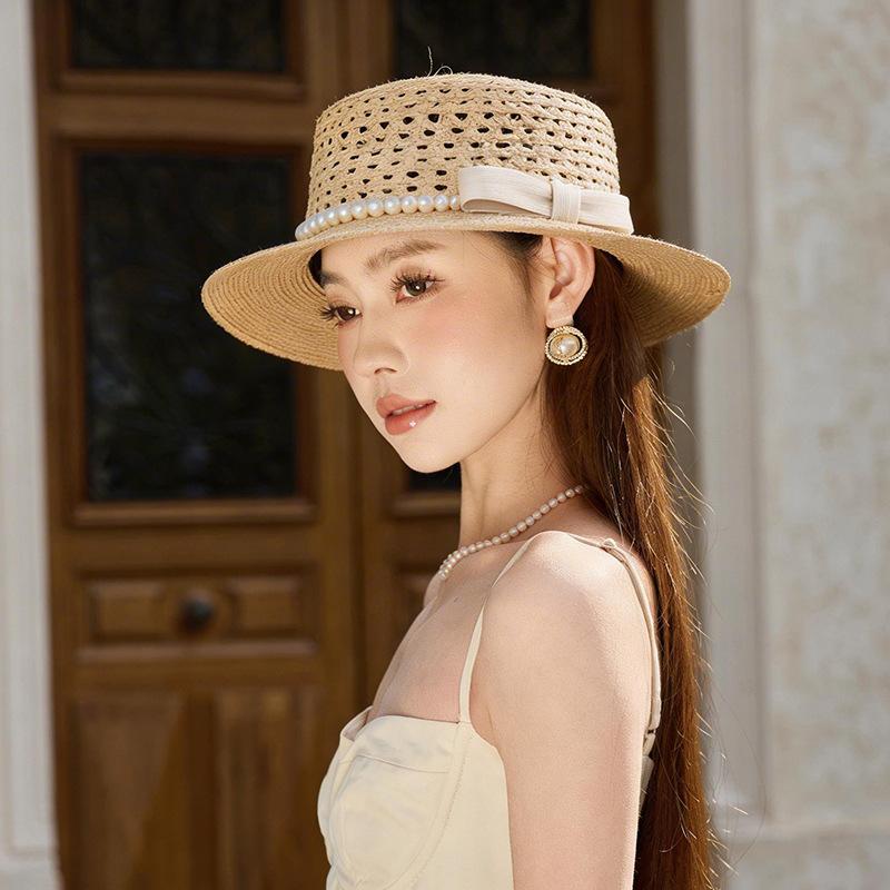 High Quality Raffia Silk Hemp Pearl Straw Hat French Flat Top Sun Hat Hollow Breathable Sun Hat Beach Hat
