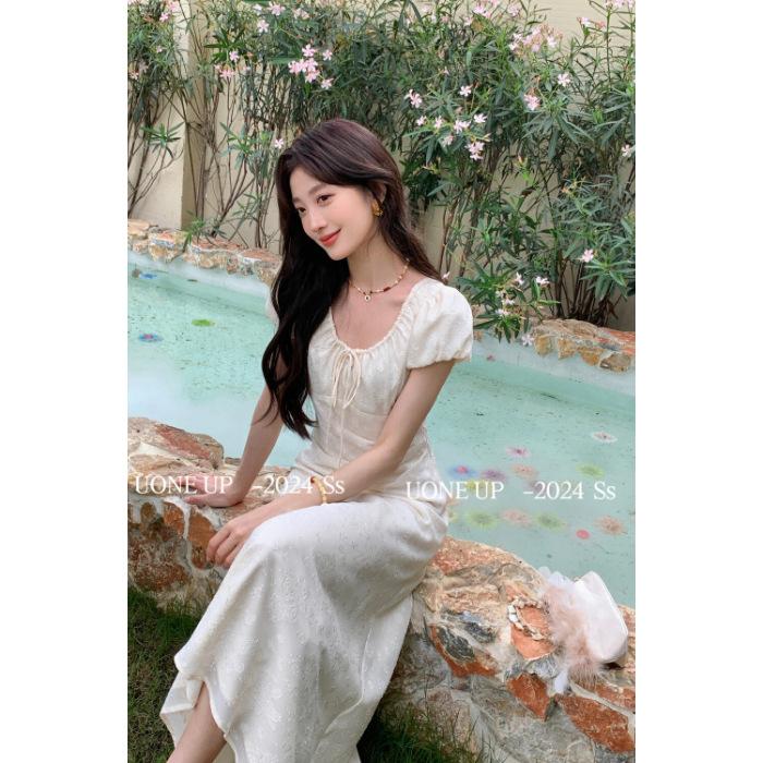 French temperament jacquard pleated design dress summer new waist thin small medium dress women S