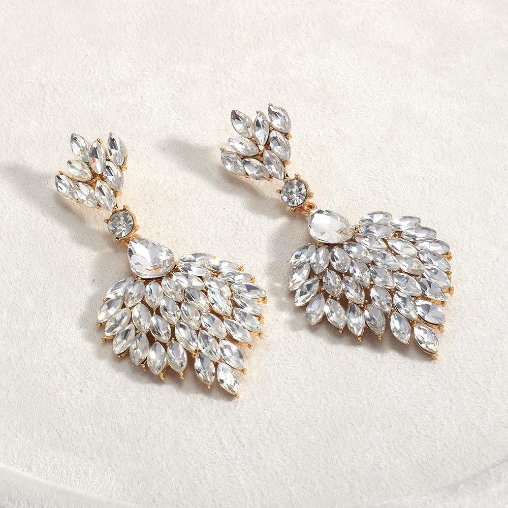 Retro Iridescent Rhinestone Fan-Shaped Dangle Earrings for Dinner Parties
