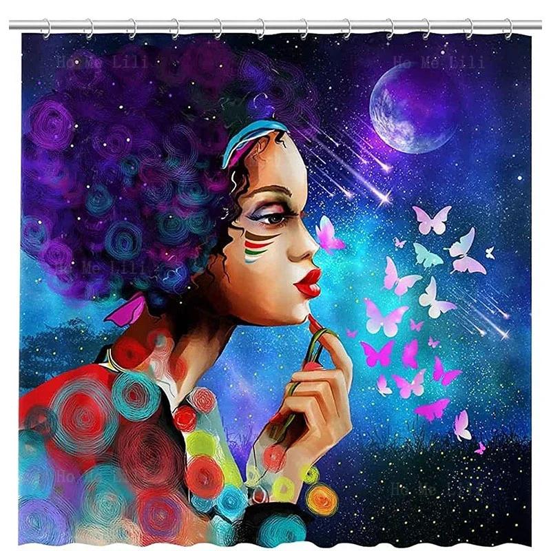 Afro Black Girl Sexy Women African American Queen Magic Starry Night Moon Goddess Shower Curtain Bathroom Decor