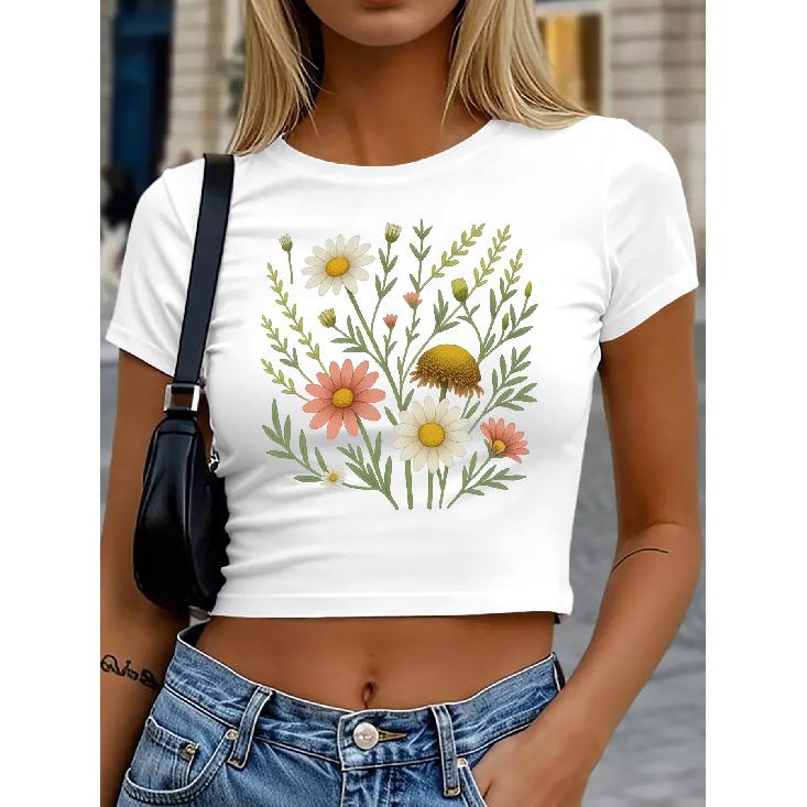 Women s round-neck short top T Shirt | Fresh pastoral daisy bouquet plant print | High-waisted, cropped, tight-fitting, slim-fit short-sleeve top | S белый