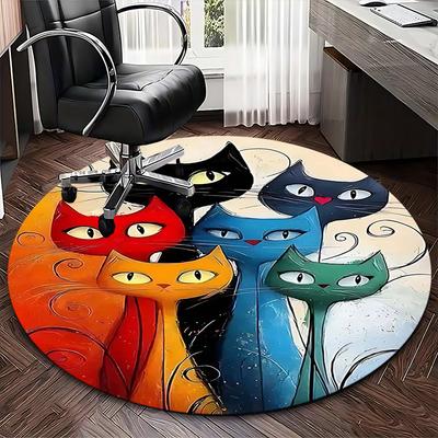 1pc Colorful Cat Faces Round Carpet Anime Design Office Chair Mat, Non Slip Rug for Home Decor