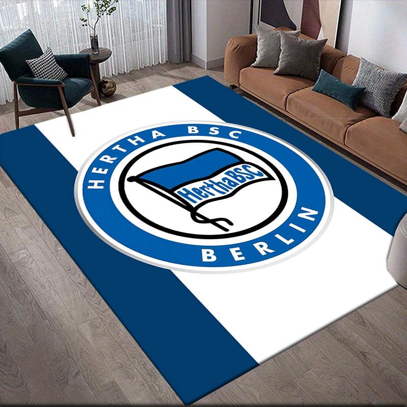 Hertha Logo Flannel Printed Carpet, Home Sofa Decoration for Living Room & Bedroom, Non‑Slip Play Flannel Floor Mat for Game Room