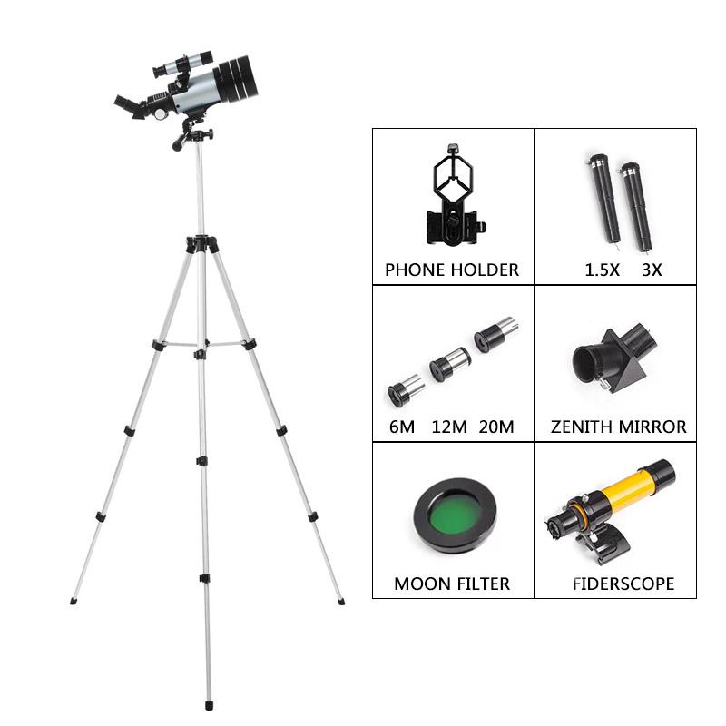 

70 мм рефрактор, астрономический телескоп, монокуляр, 150-кратный зум HD, телескоп ночного видения, телескоп для наблюдения за звездами с держателем для телефона, подарки M серебряный