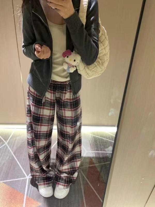 Women's Plaid Wide-Leg Retro Pants - Tall, Floor-Length Casual for Spring & Autumn