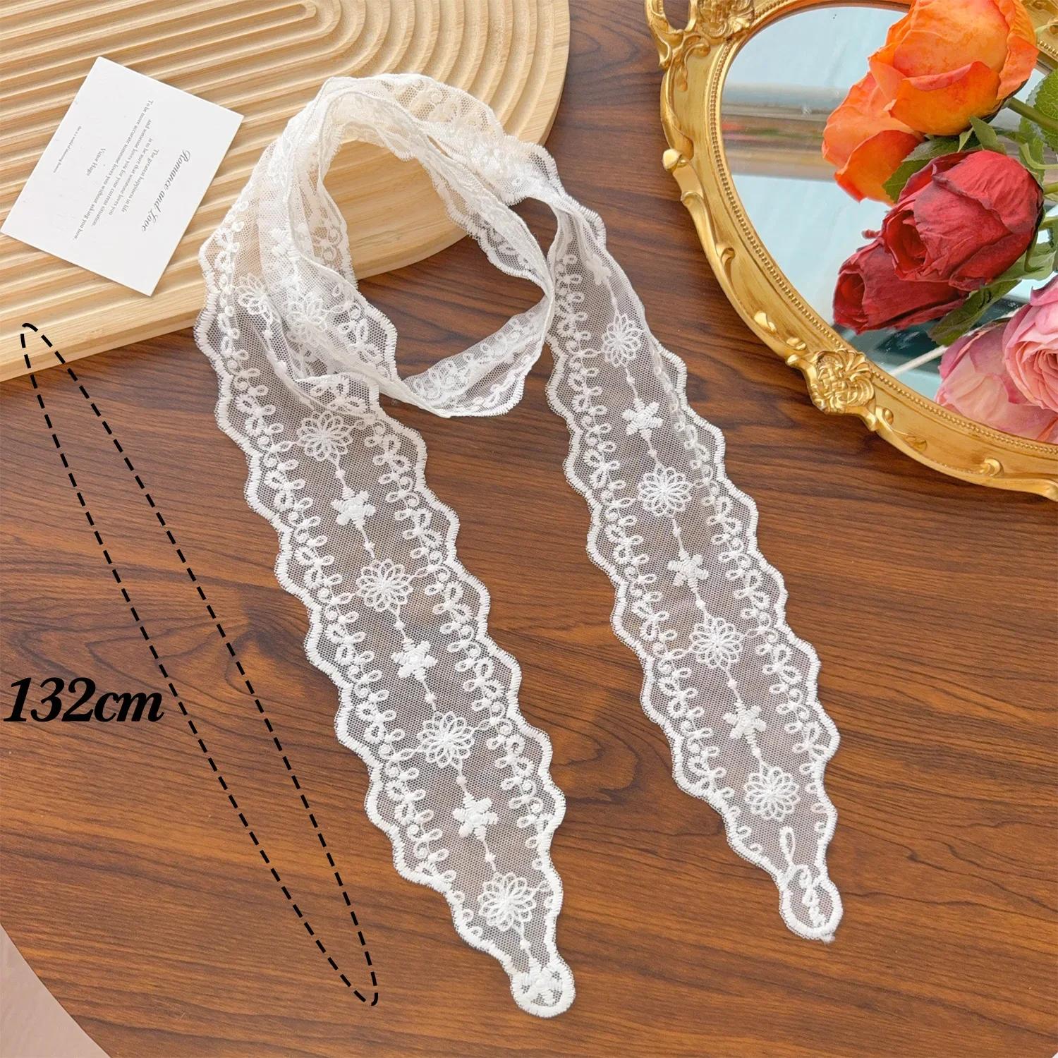 

2025 Ажурный шарф с цветочным кружевом, повязки для волос, длинная белая однотонная вышитая лента, ожерелье, женская резинка для волос, летний головной убор