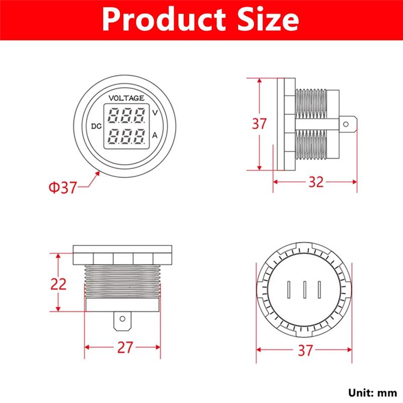 AS60-12-24V Instrument Waterproof Voltage VA Threedigit Round LED Panel Digital Voltmeter Ammeter Tester Monitor Voltmeter