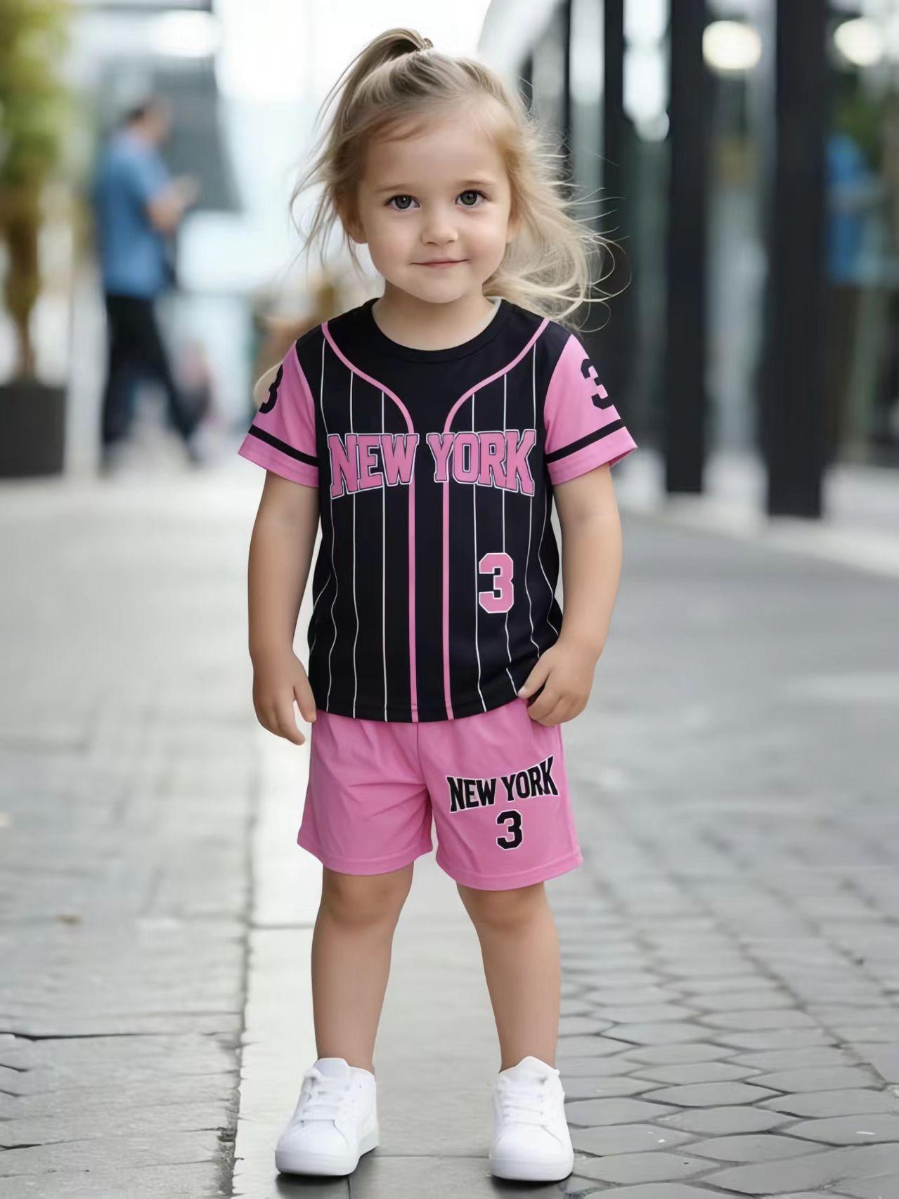 

Toddler Girls Cool Number 3 Baseball Print 2-Piece Outfit, Summer Black & Pink Sporty Clothes for Kids, Perfect for Playwear & Outdoor 5-6Y рожевий