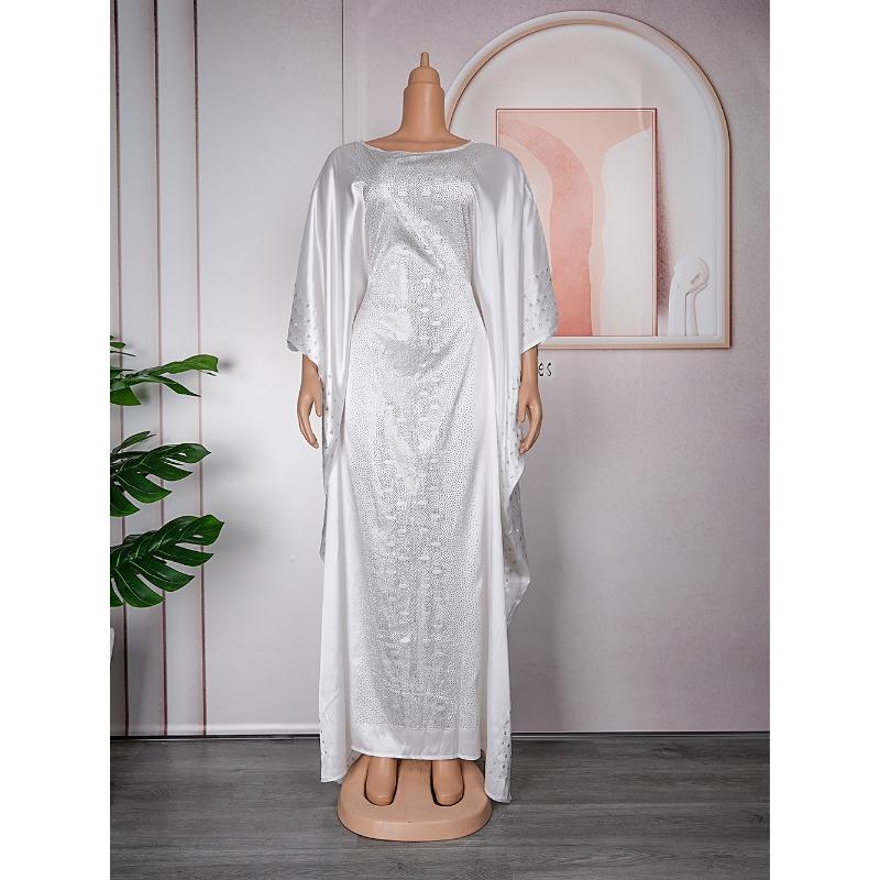 Plus Size Adjustable Belt Dresses Women's Drill Silk Satin Bat Sleeve Long Dress