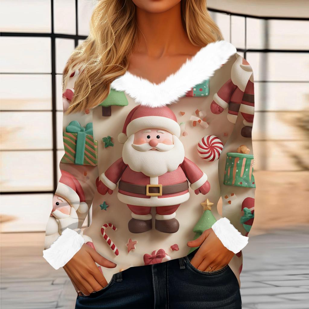 Women's Casual Fashion Long Sleeve Christmas Printed Flannel Collar Top