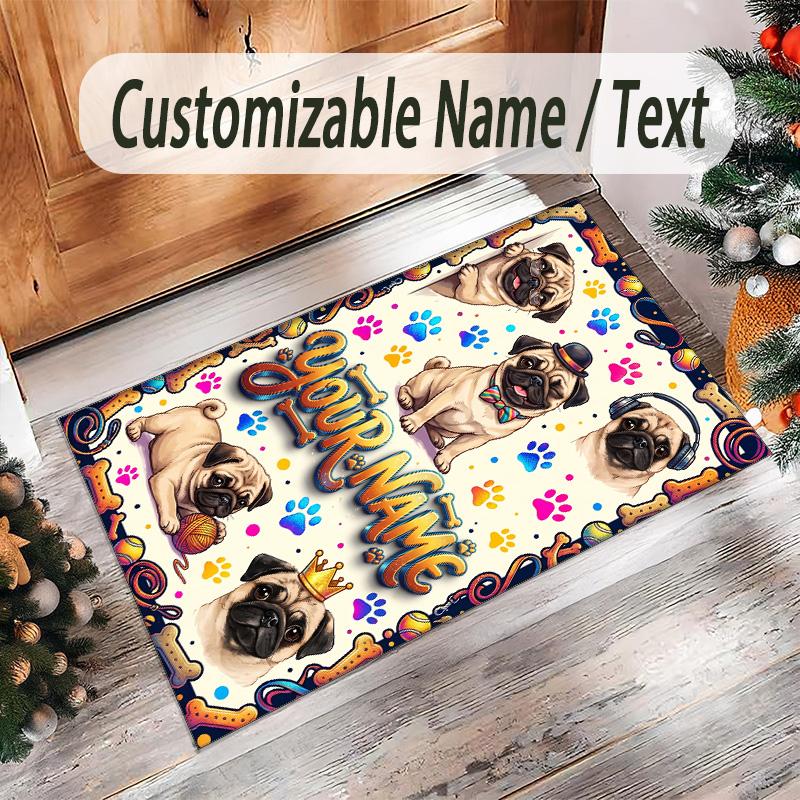 Pug Theme Crystal Velvet Floor Rug Personalized Custom Name Text Warm Carpet Home Decoration