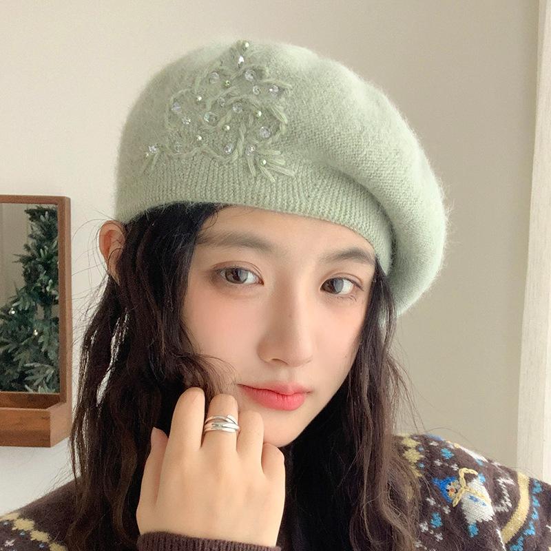 Rabbit Down Pearl Knitted Beret Female Autumn and Winter Painter Hat Warm Wool Hat Winter Hats for Women, Beanies for Women, Hats for Women Winter
