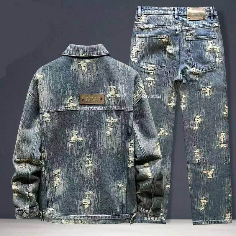 Spring Autumn American Denim Coats Set Classic  Retro Cowboy Jeans Trendy Two-Piece Sets Versatile Outerwear Casual Jacket