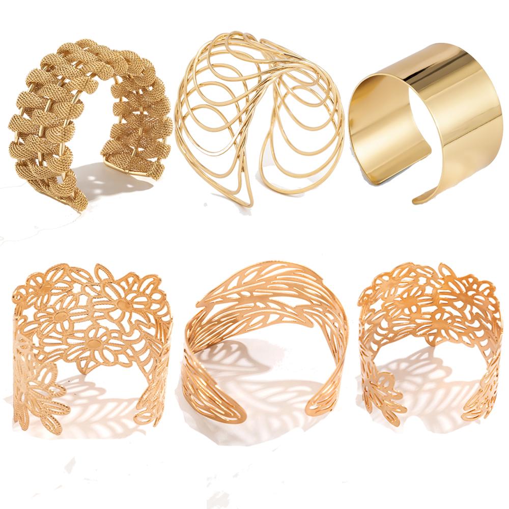 IngeSight.Z 6 Stili Esagerati Traforati Polsini Larghi Braccialetti Aperti per Donne Punk Grande Fiore & Foglie Braccialetto da Polso Gioielli