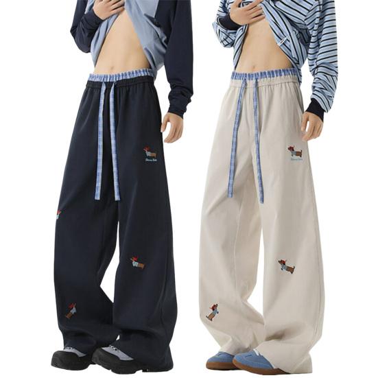 Men's Casual Baggy Pants Drawstring Waist Trousers with Cartoon Dachshund Embroidery Loose Fit Streetwear Pants for Vacation Travel School