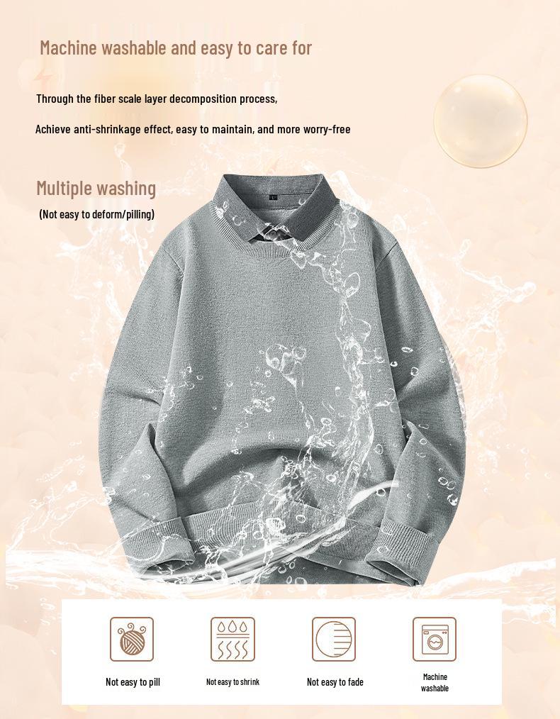 Men's Wool Modal Faux Two-Piece Lapel Sweater: New Autumn/Winter Warm Knit Base Layer Top