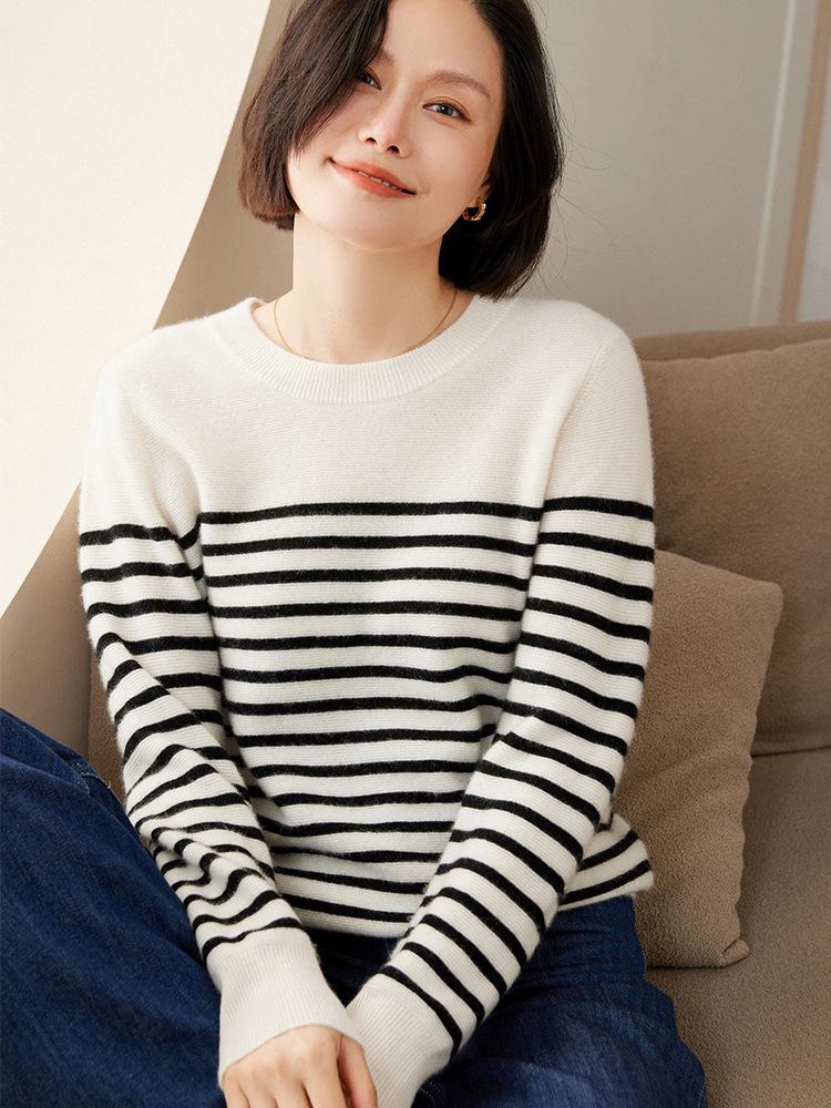 2025 Autumn/Winter Women's Color Block Stripe Cashmere Pullover Sweater - Round Neck, Long Sleeve Knitwear