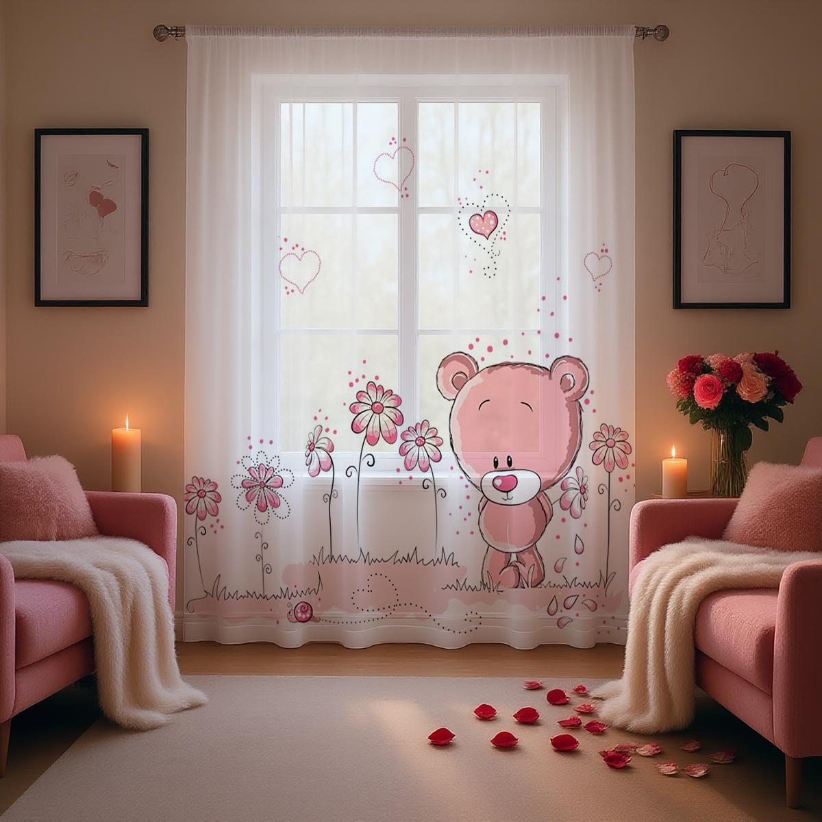 Tonnika Chen Pink Single Panel Bear Sweet Dream Curtain Playful Pole Mounted Cute Atmosphere Decorative Kids Room Curtains Sheer Made Of Polyester