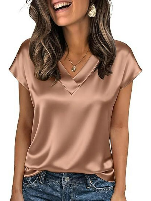 2026 Vår/Sommar Elegant Silke V-ringad Kortärmad Dam T-shirt
