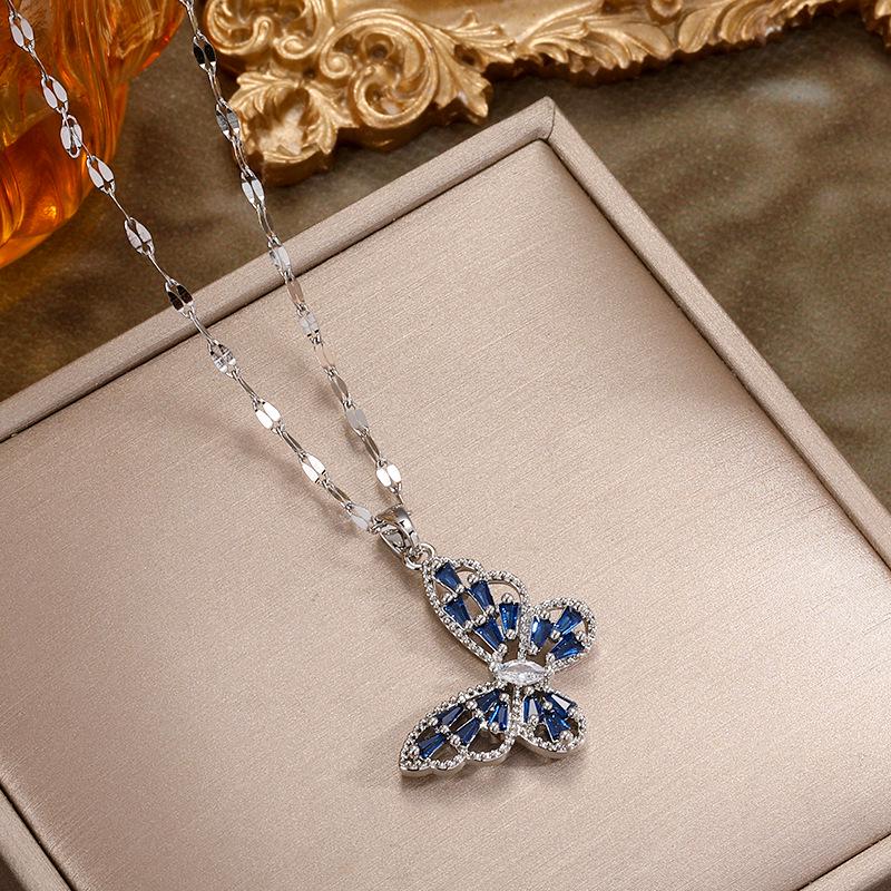 Korean Fashion Rhinestone Butterfly Jewelry Set: Necklace, Ring & Earrings with Zircon Inlay - Fairy Style Elegance for Women.