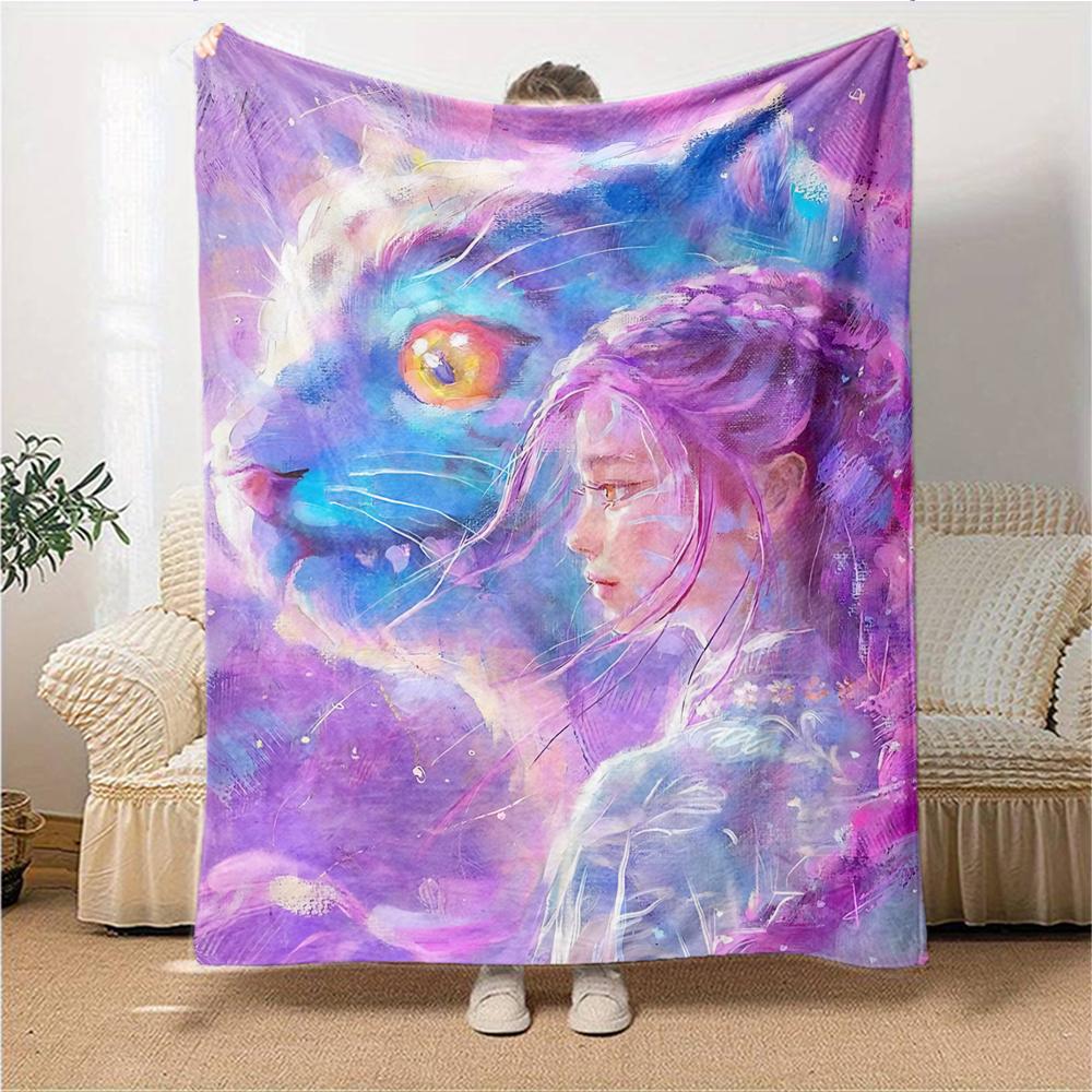 1Pc Fantasy Tiger Girl Blanket For Couch Bed Plush Cozy Fuzzy Blanket Super Soft Warm Blankets For Fall And Winter 0918191