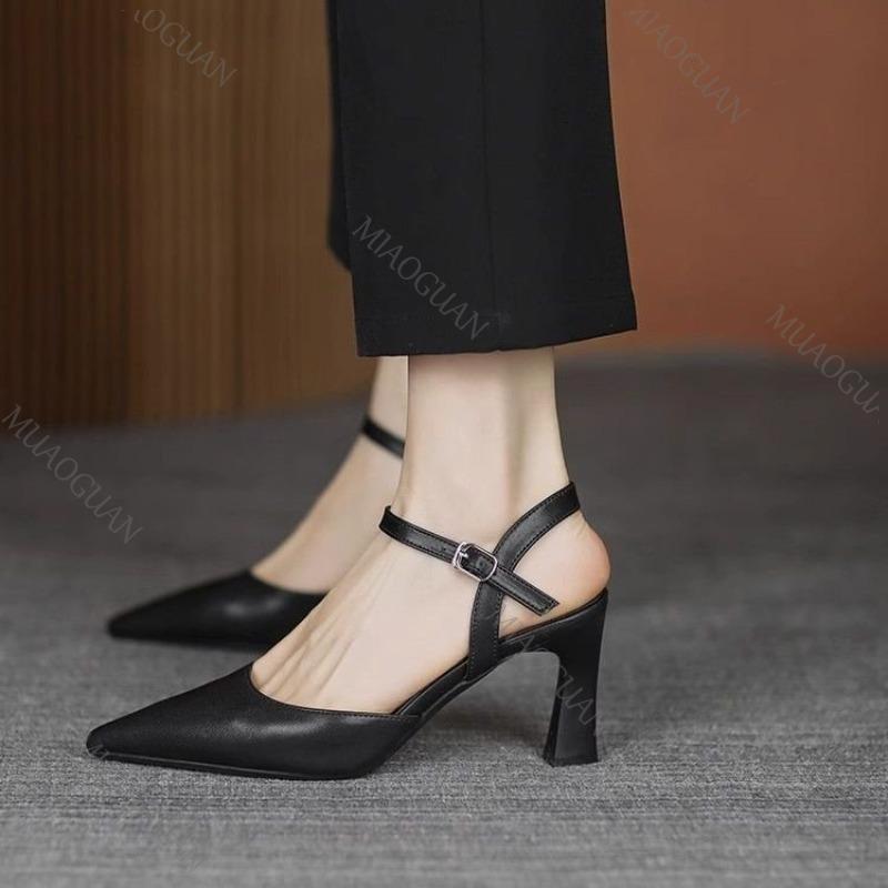 Fashion 2025 Summer Shoes for Women Thick High Heels Baotou Sandals Fashion Pointed Toe Soft Leather Solid Color Heeled Sandales Femmes