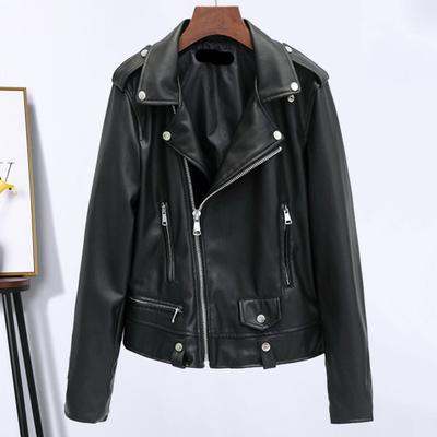 Women Jacket Faux Leather Smooth Surface Turn-down Collar Zip-up Zipper Decor Long Sleeves Motorcycle Coat Travel Outerwear