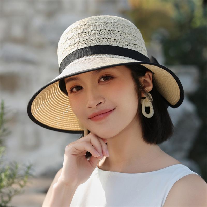 Women's 2024 Spring Straw Hat with Bow - Foldable Beach & Cycling Sun Protection Hat