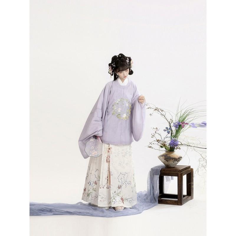 Womens Ming Dynasty Style Hanfu Set: Round Collar Top With Wide Sleeves Printed Skirt Embroidered Floral Design Four Season
